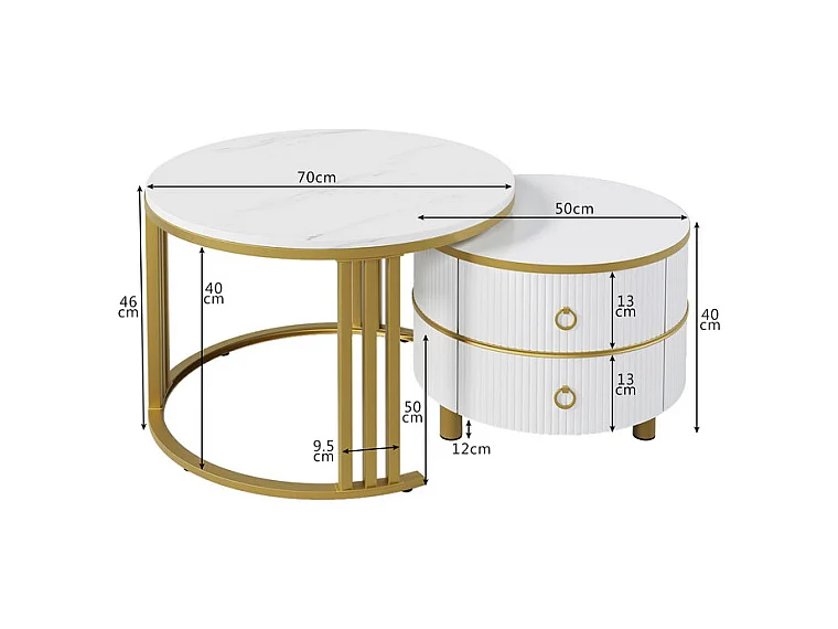 Set aus 2 ineinander steckbaren Couchtischen mit 2 Schubladen – Platte mit Marmormuster – Gold und Weiß