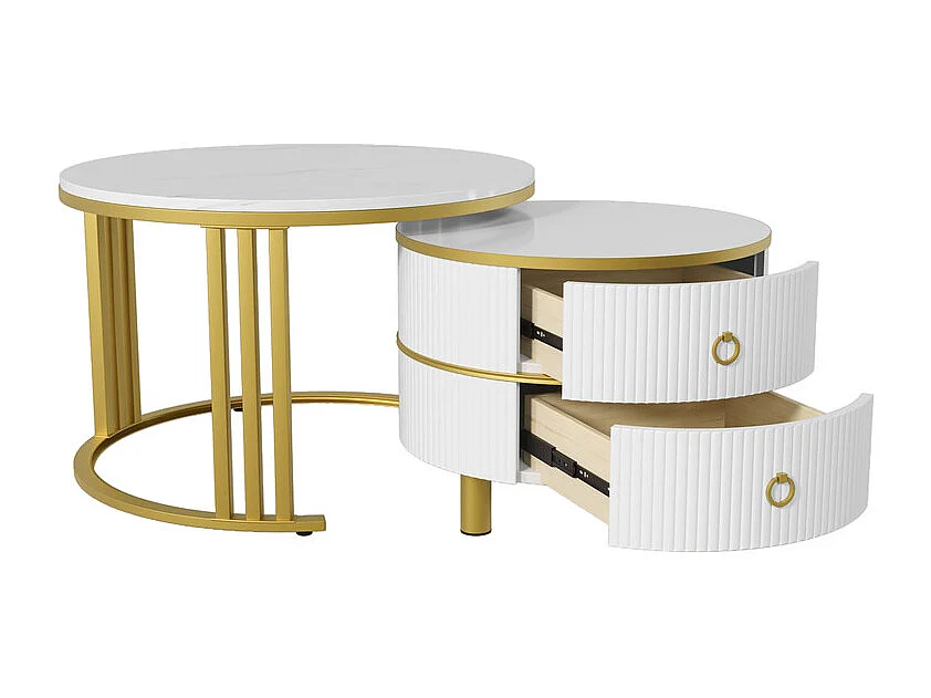 Set aus 2 ineinander steckbaren Couchtischen mit 2 Schubladen – Platte mit Marmormuster – Gold und Weiß