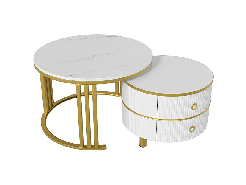 Set aus 2 ineinander steckbaren Couchtischen mit 2 Schubladen – Platte mit Marmormuster – Gold und Weiß