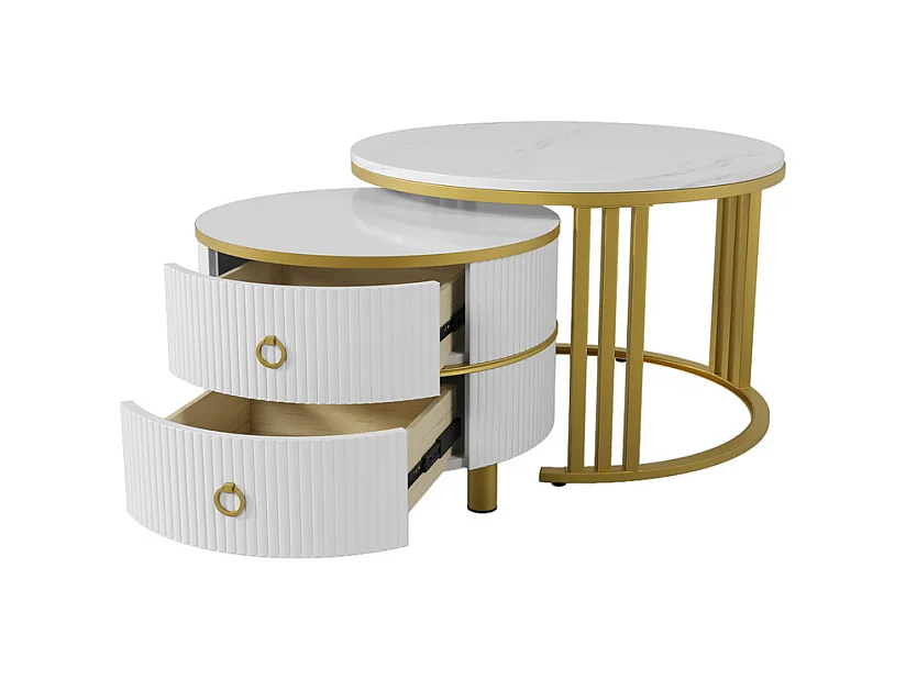 Set aus 2 ineinander steckbaren Couchtischen mit 2 Schubladen – Platte mit Marmormuster – Gold und Weiß
