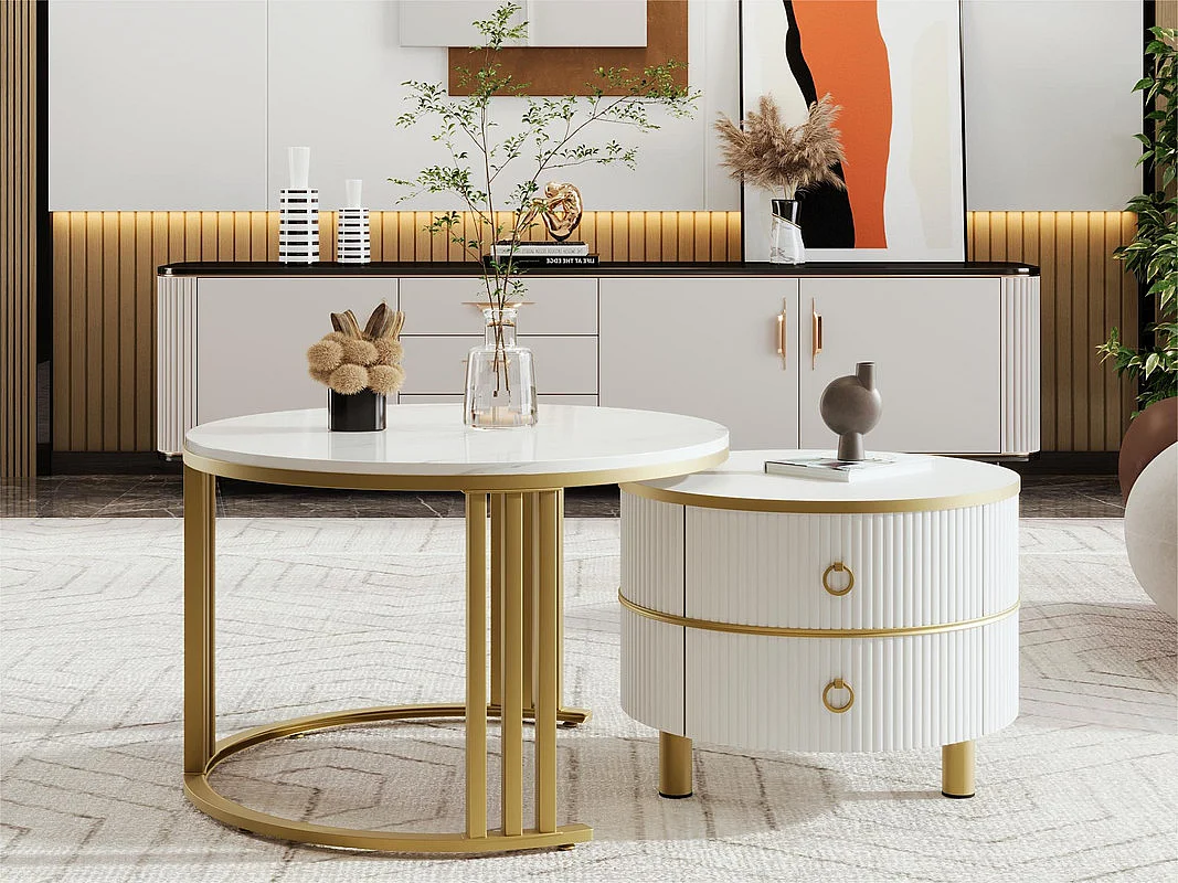Set van 2 in elkaar geschoven salontafels met 2 lades - blad met marmerpatroon - Goud en wit