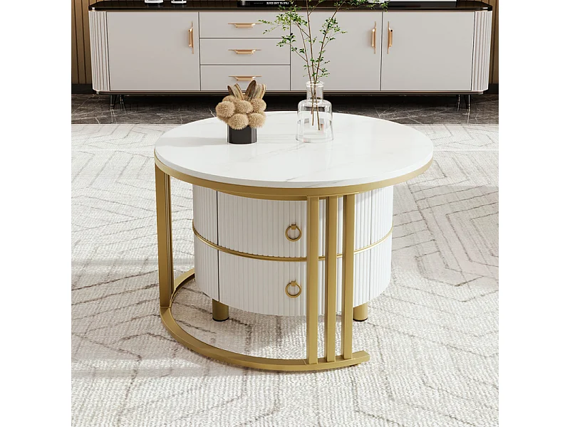 Set van 2 in elkaar geschoven salontafels met 2 lades - blad met marmerpatroon - Goud en wit