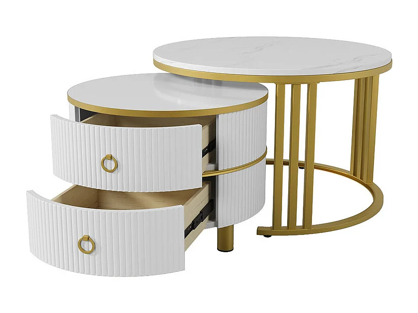 Set van 2 in elkaar geschoven salontafels met 2 lades - blad met marmerpatroon - Goud en wit
