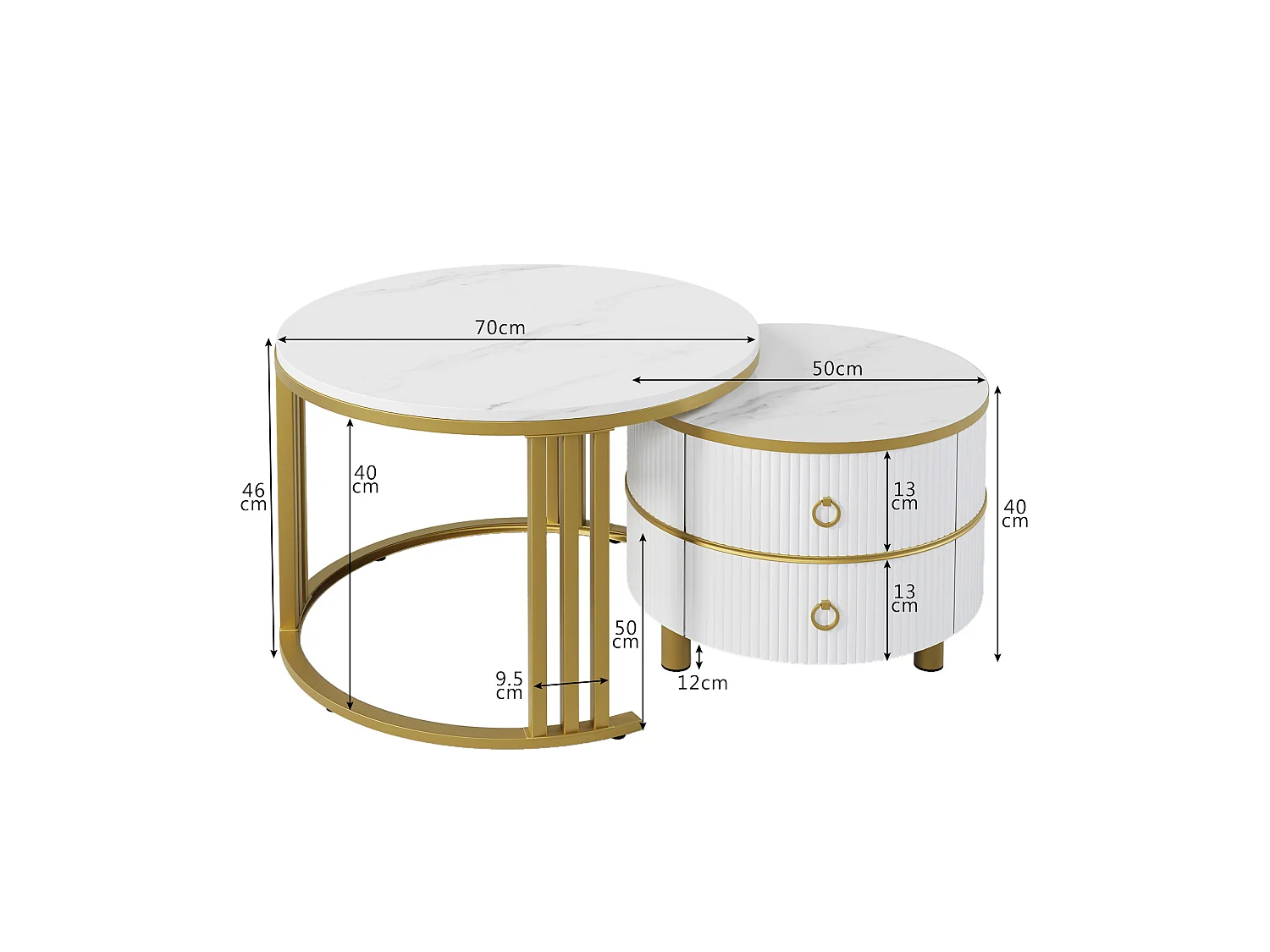 Lot de 2 tables basses gigognes avec 2 tiroirs - plateau à motif de marbre - Doré & Blanc