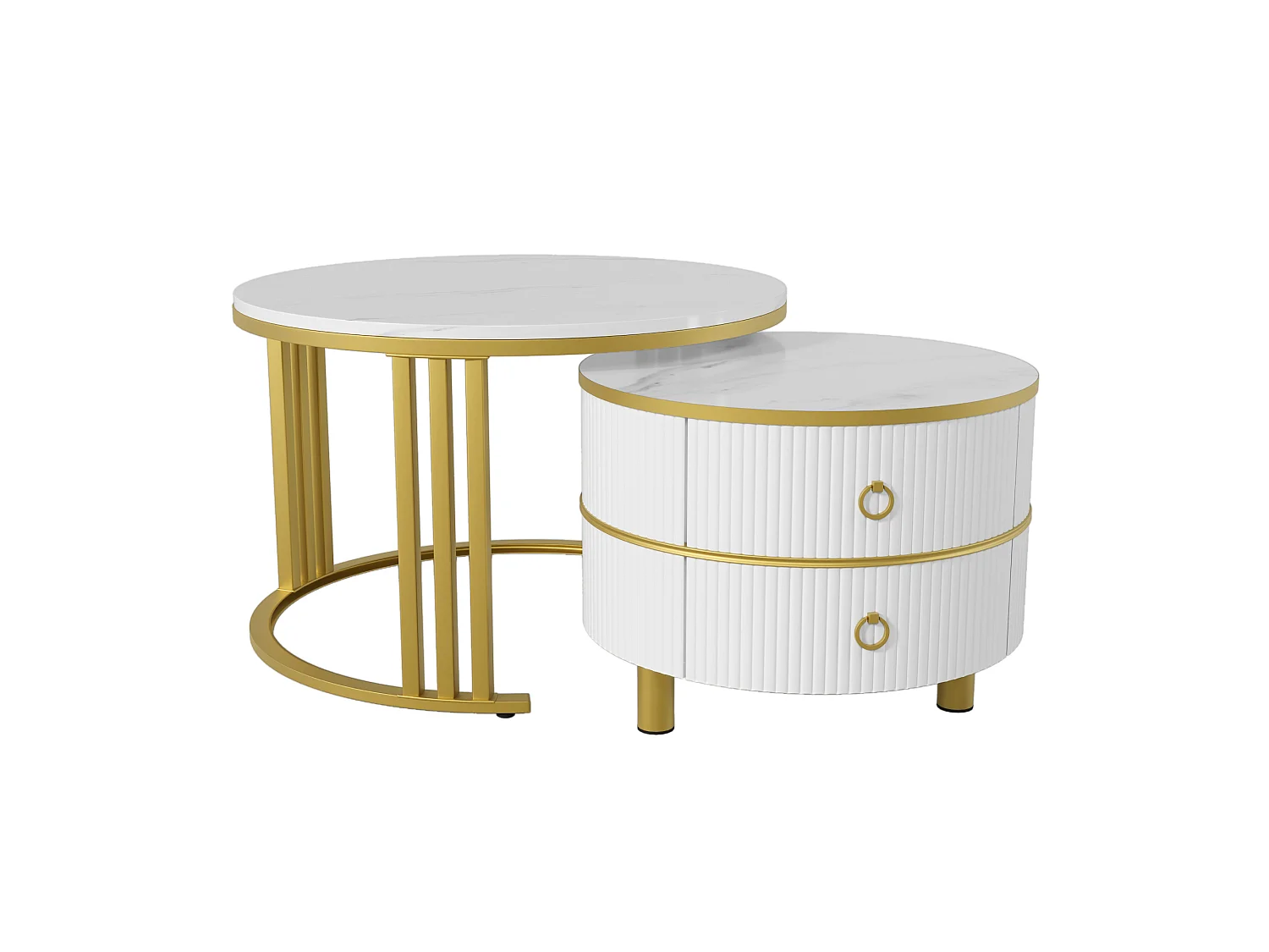 Lot de 2 tables basses gigognes avec 2 tiroirs - plateau à motif de marbre - Doré & Blanc