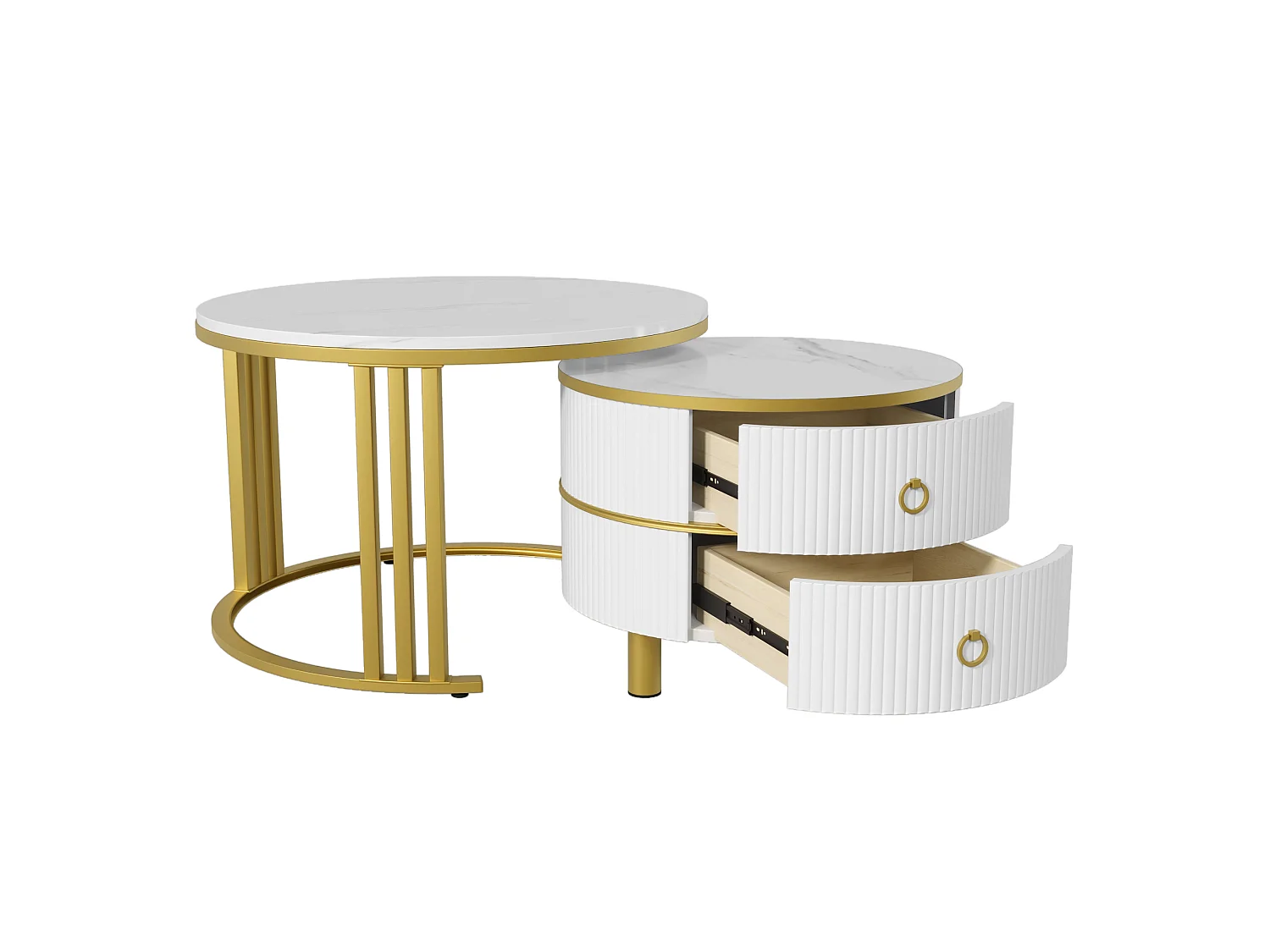 Lot de 2 tables basses gigognes avec 2 tiroirs - plateau à motif de marbre - Doré & Blanc