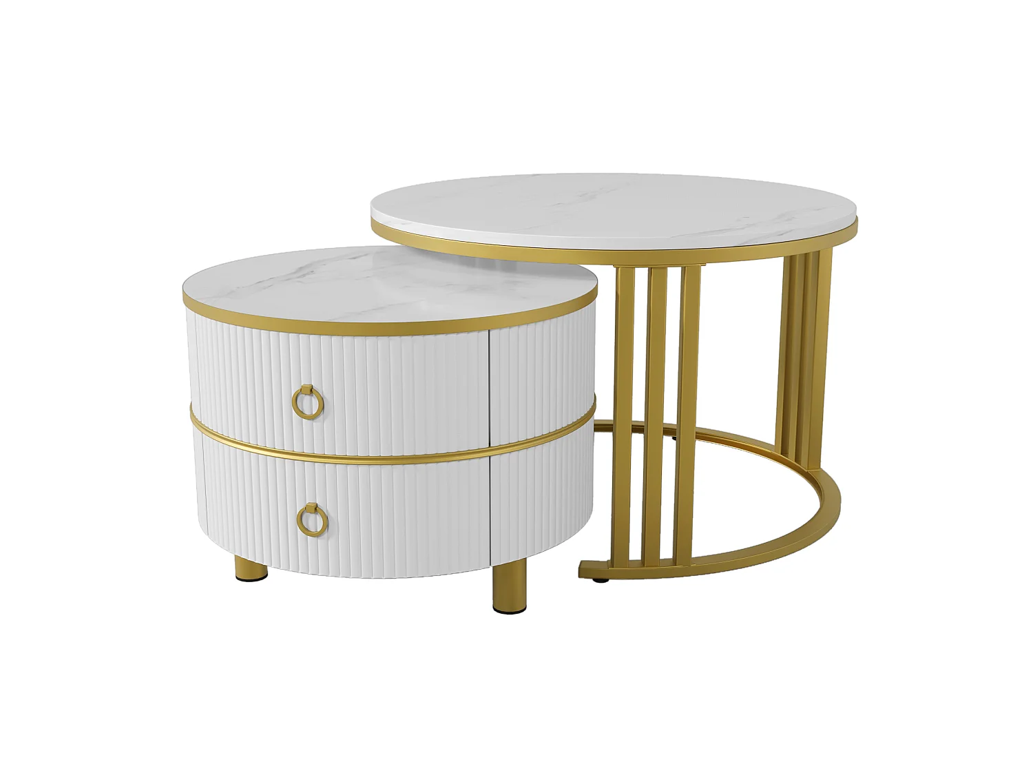 Lot de 2 tables basses gigognes avec 2 tiroirs - plateau à motif de marbre - Doré & Blanc