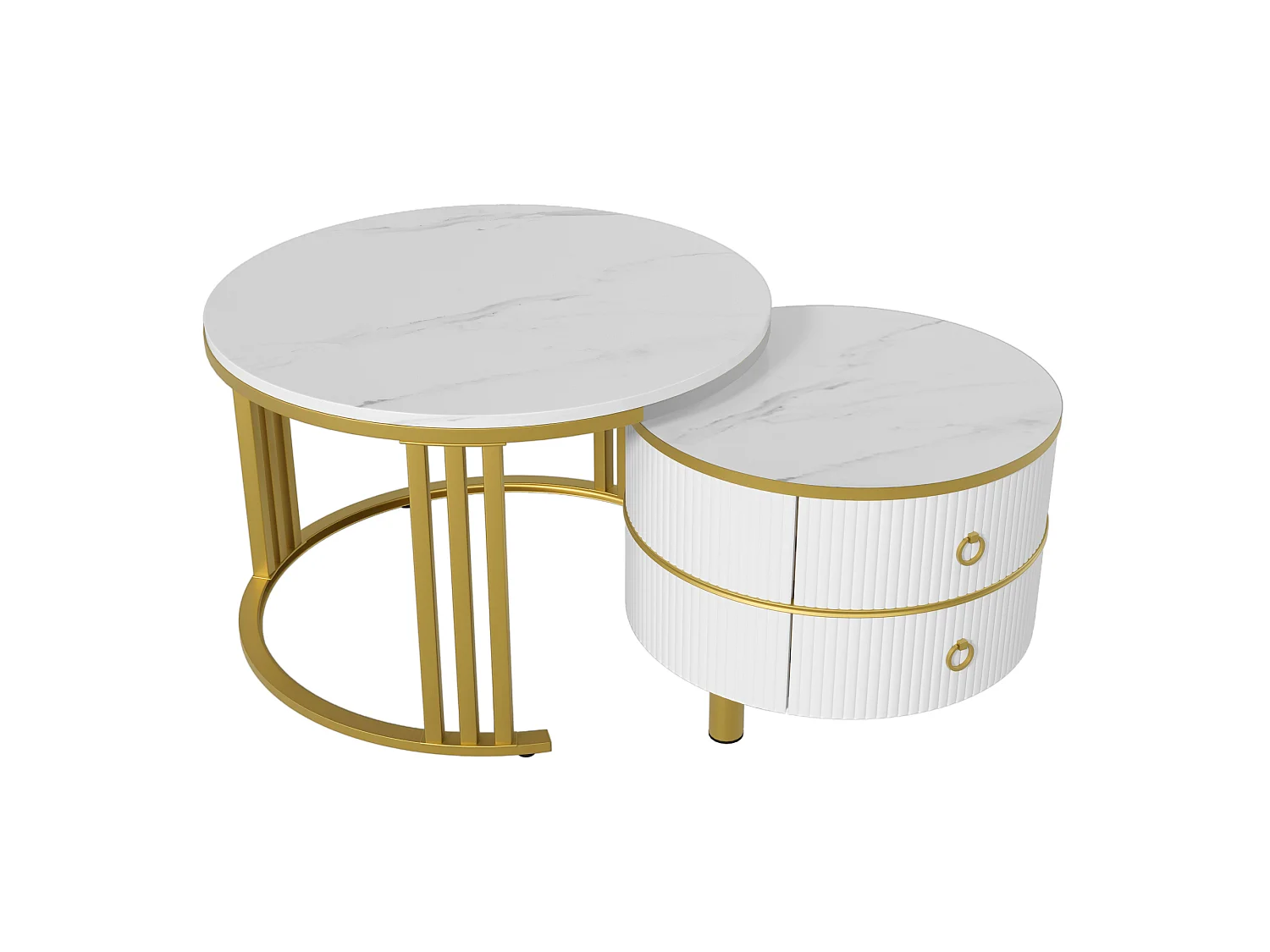 Lot de 2 tables basses gigognes avec 2 tiroirs - plateau à motif de marbre - Doré & Blanc