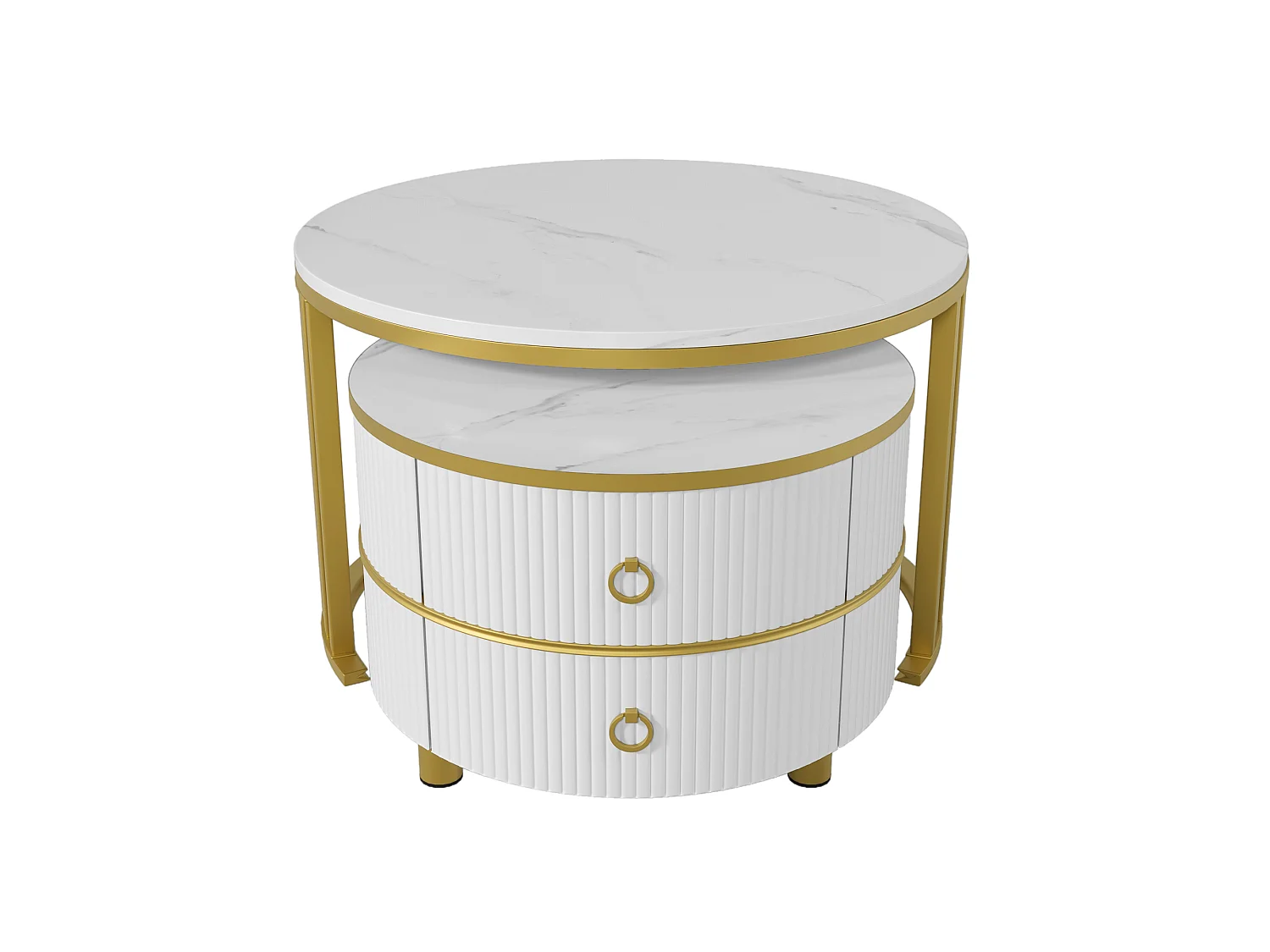 Lot de 2 tables basses gigognes avec 2 tiroirs - plateau à motif de marbre - Doré & Blanc