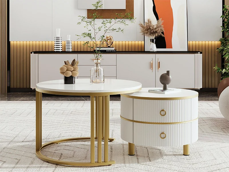 Set aus 2 ineinander steckbaren Couchtischen mit 2 Schubladen – Platte mit Marmormuster – Gold und Weiß