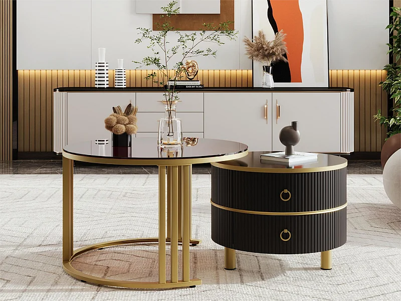 Lot de 2 tables basses gigognes avec 2 tiroirs - plateau en verre trempé Marron - Noir