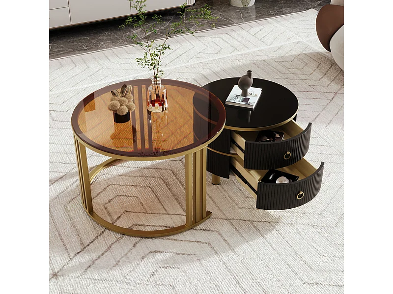 Lot de 2 tables basses gigognes avec 2 tiroirs - plateau en verre trempé Marron - Noir
