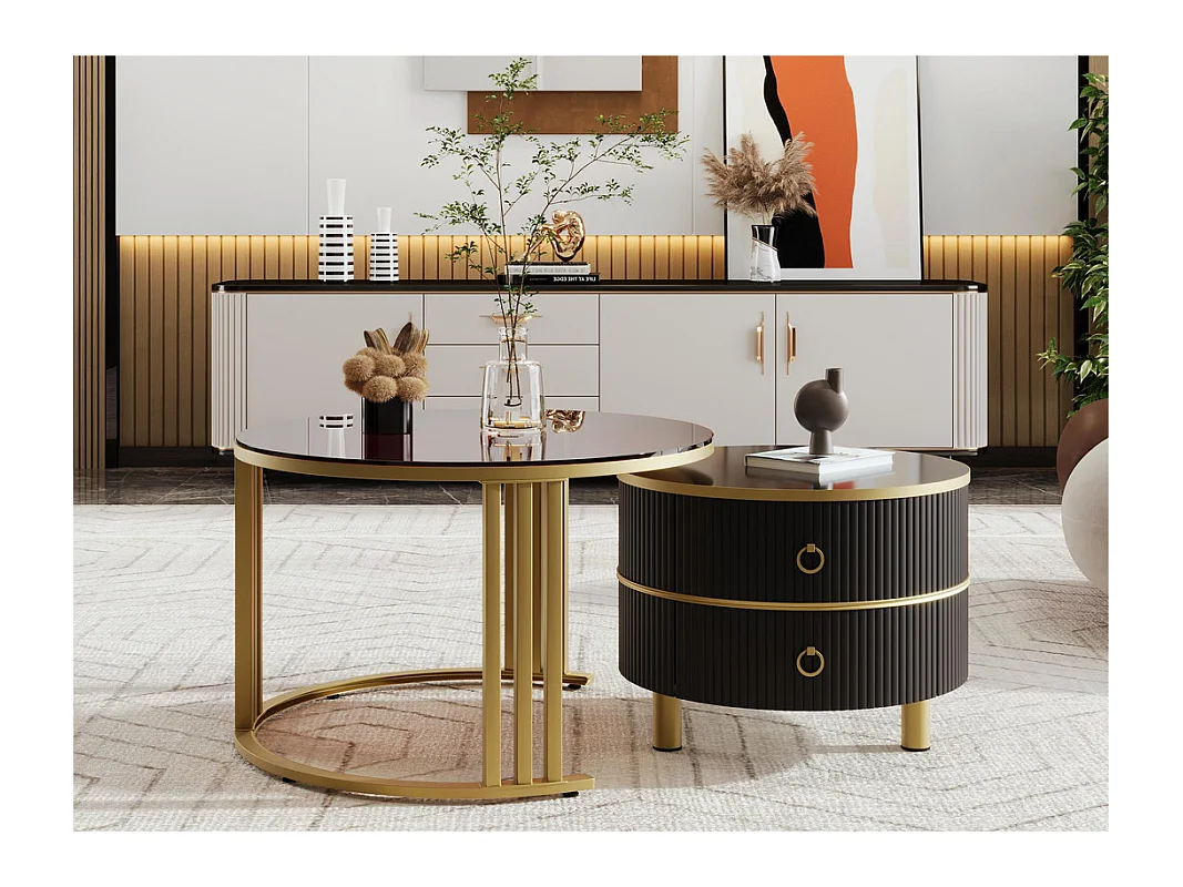Lot de 2 tables basses gigognes avec 2 tiroirs - plateau en verre trempé Marron - Noir