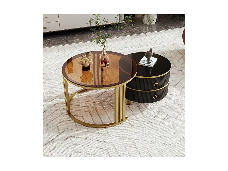 Set van 2 in elkaar geschoven salontafels met 2 laden - Blad van bruin gehard glas - Zwart