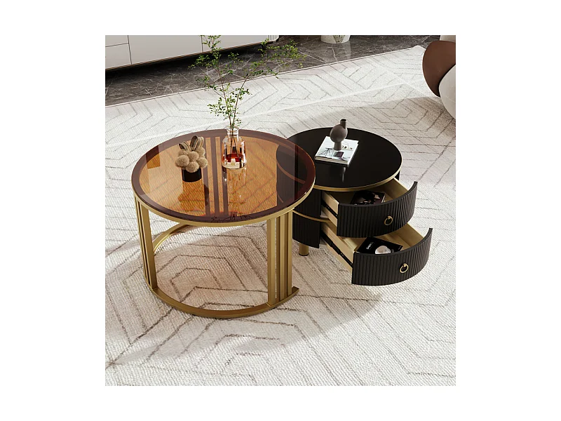 Set van 2 in elkaar geschoven salontafels met 2 laden - Blad van bruin gehard glas - Zwart