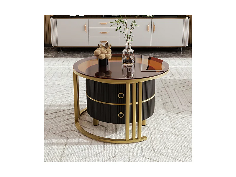 Set van 2 in elkaar geschoven salontafels met 2 laden - Blad van bruin gehard glas - Zwart