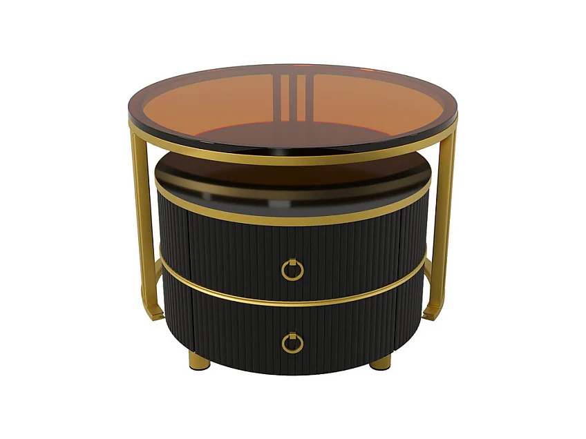 Set van 2 in elkaar geschoven salontafels met 2 laden - Blad van bruin gehard glas - Zwart