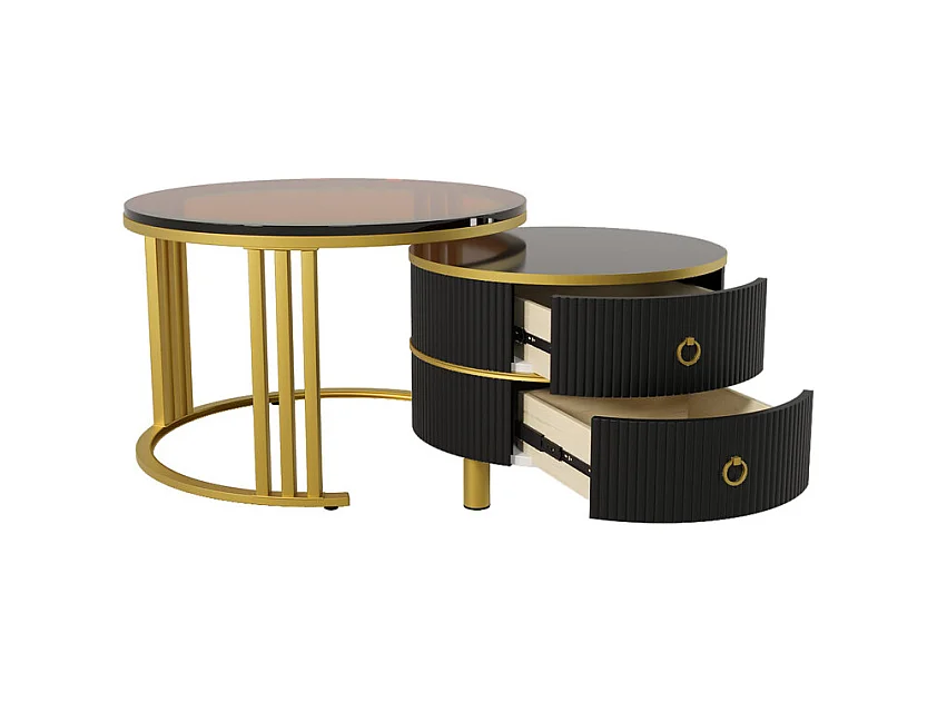 Set van 2 in elkaar geschoven salontafels met 2 laden - Blad van bruin gehard glas - Zwart