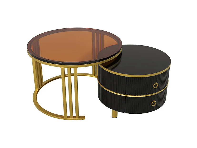 Set van 2 in elkaar geschoven salontafels met 2 laden - Blad van bruin gehard glas - Zwart