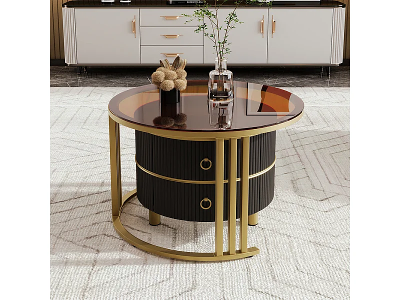 Lot de 2 tables basses gigognes avec 2 tiroirs - plateau en verre trempé Marron - Noir