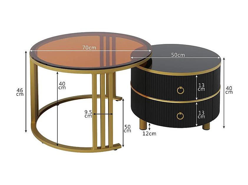 Lot de 2 tables basses gigognes avec 2 tiroirs - plateau en verre trempé Marron - Noir