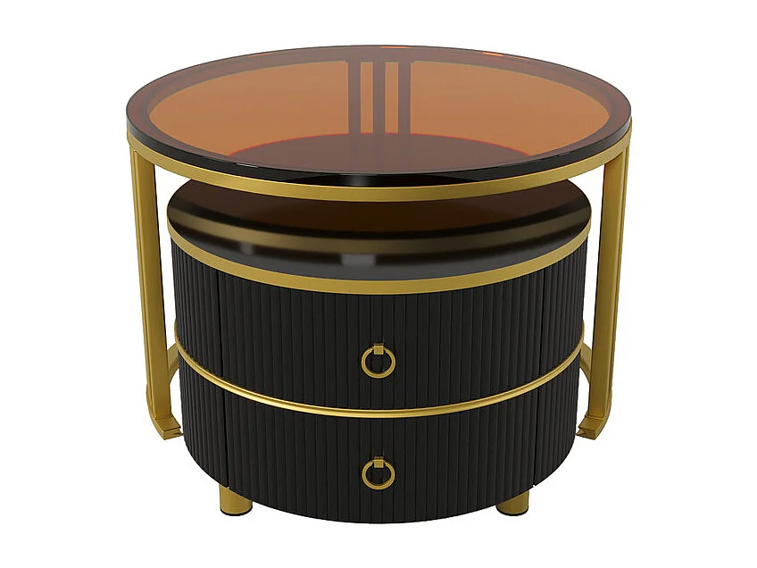 Lot de 2 tables basses gigognes avec 2 tiroirs - plateau en verre trempé Marron - Noir