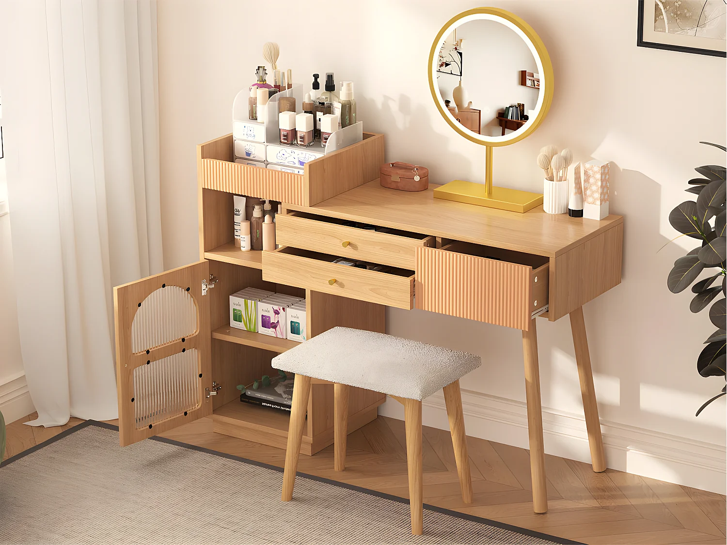 Coiffeuse avec miroir et éclairage LED - 3 tiroirs et une armoire latérale - Naturel (tabouret non inclus)