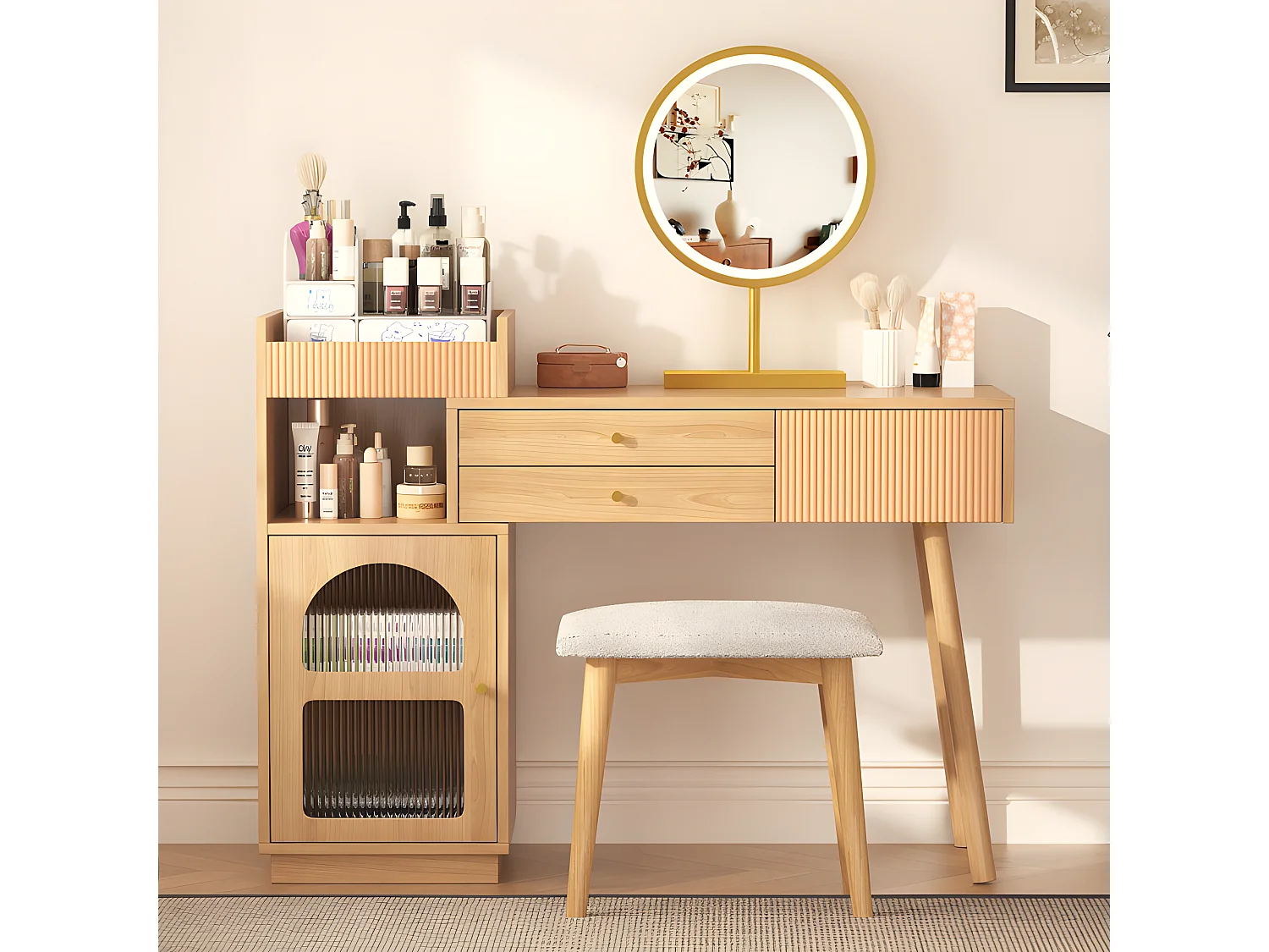 Coiffeuse avec miroir et éclairage LED - 3 tiroirs et une armoire latérale - Naturel (tabouret non inclus)