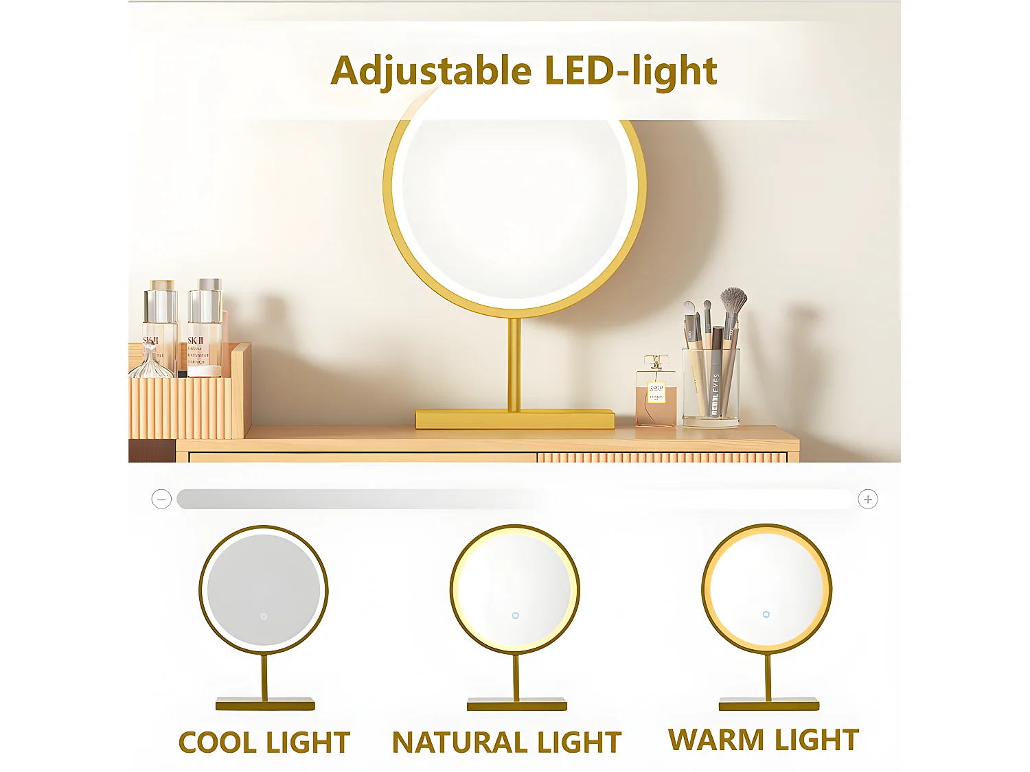 Coiffeuse avec miroir et éclairage LED - 3 tiroirs et une armoire latérale - Naturel (tabouret non inclus)