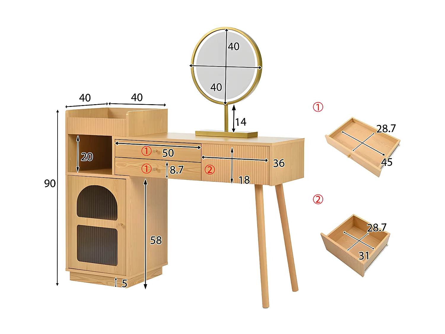 Coiffeuse avec miroir et éclairage LED - 3 tiroirs et une armoire latérale - Naturel (tabouret non inclus)