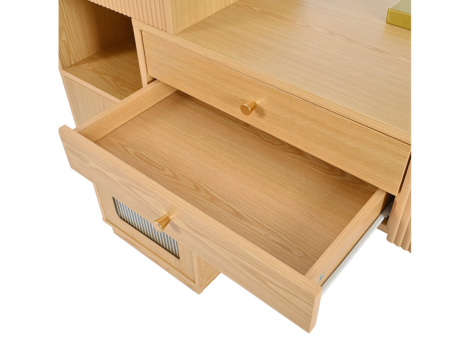 Coiffeuse avec miroir et éclairage LED - 3 tiroirs et une armoire latérale - Naturel (tabouret non inclus)