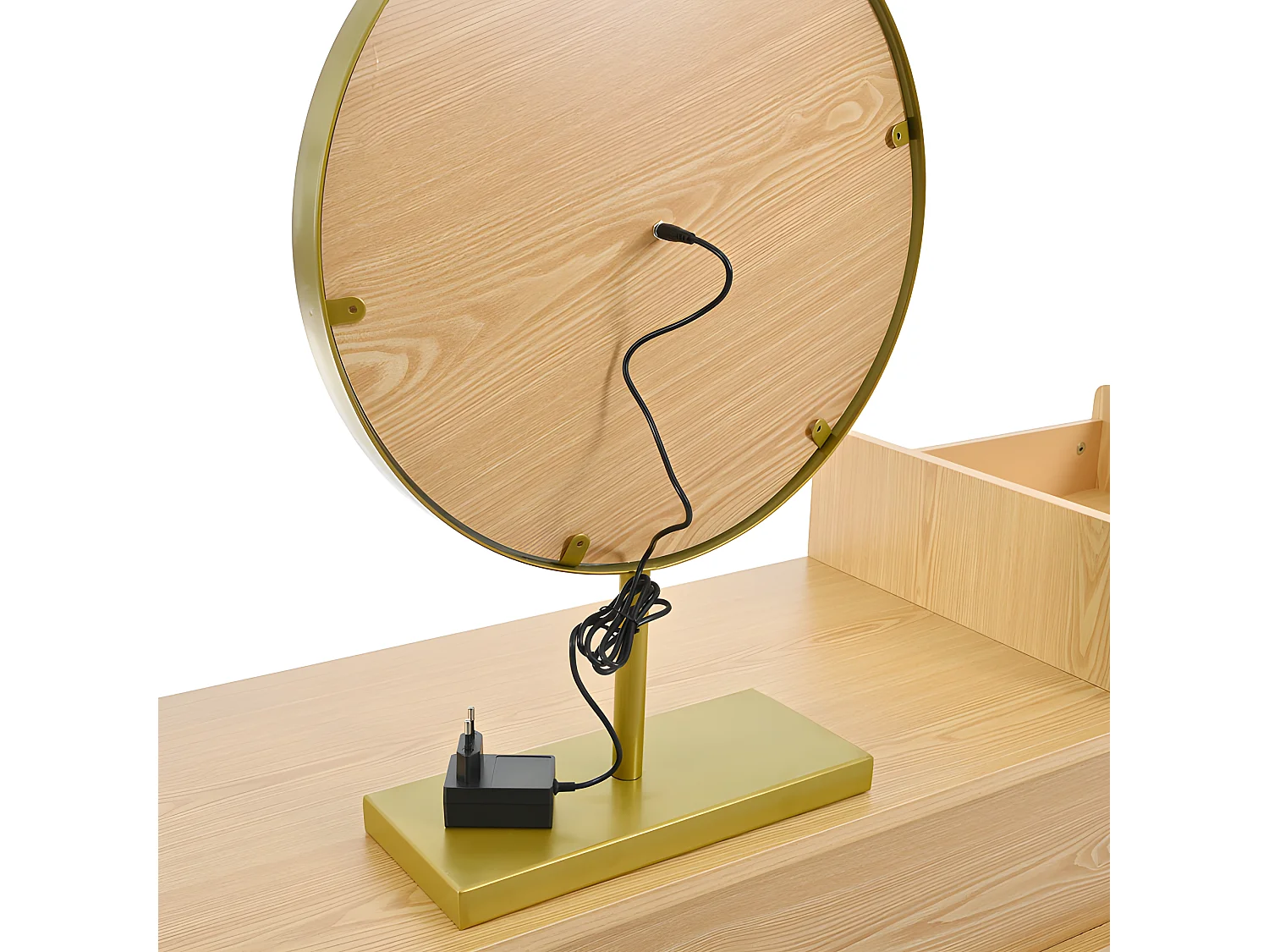 Coiffeuse avec miroir et éclairage LED - 3 tiroirs et une armoire latérale - Naturel (tabouret non inclus)