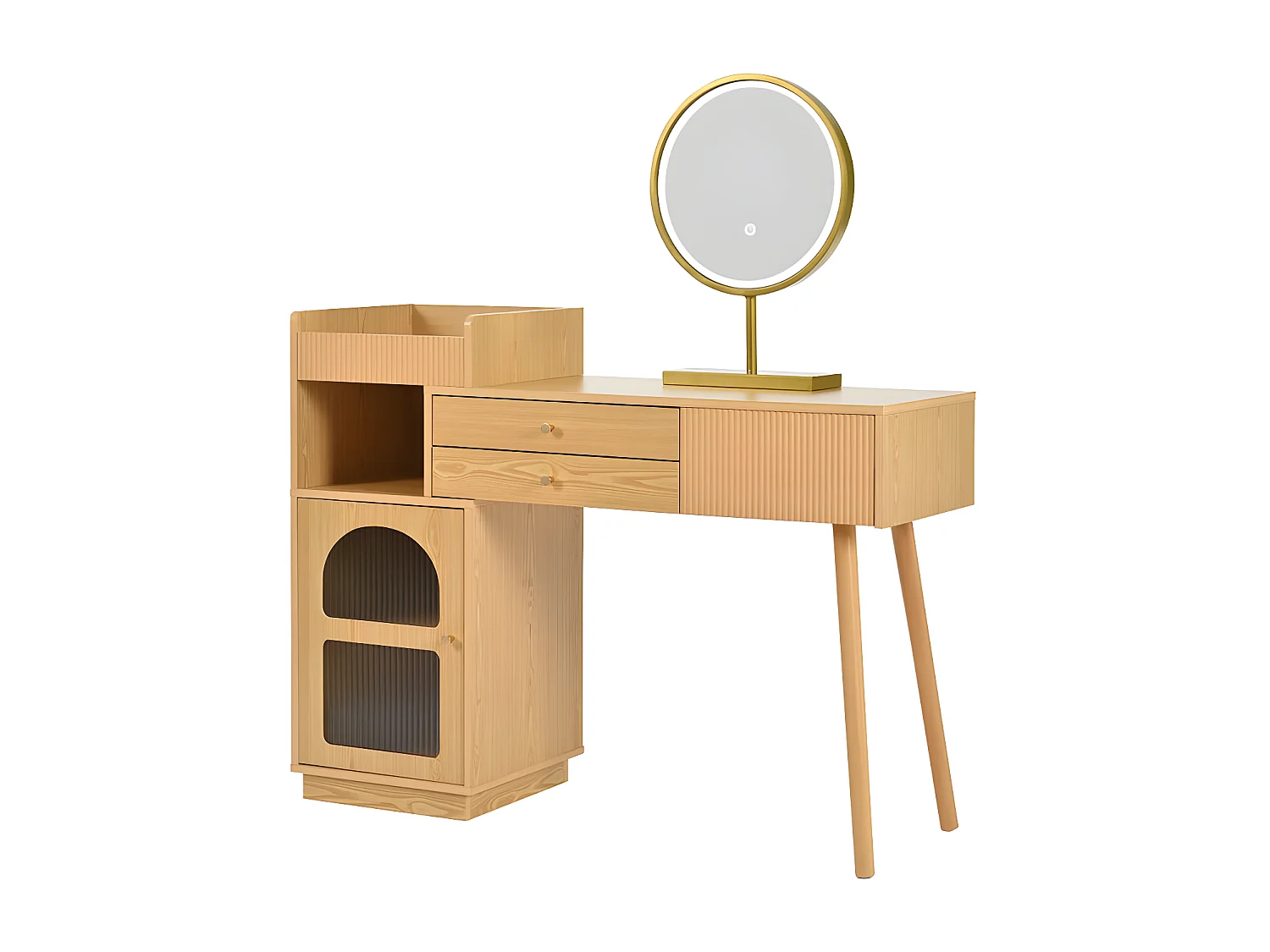Coiffeuse avec miroir et éclairage LED - 3 tiroirs et une armoire latérale - Naturel (tabouret non inclus)