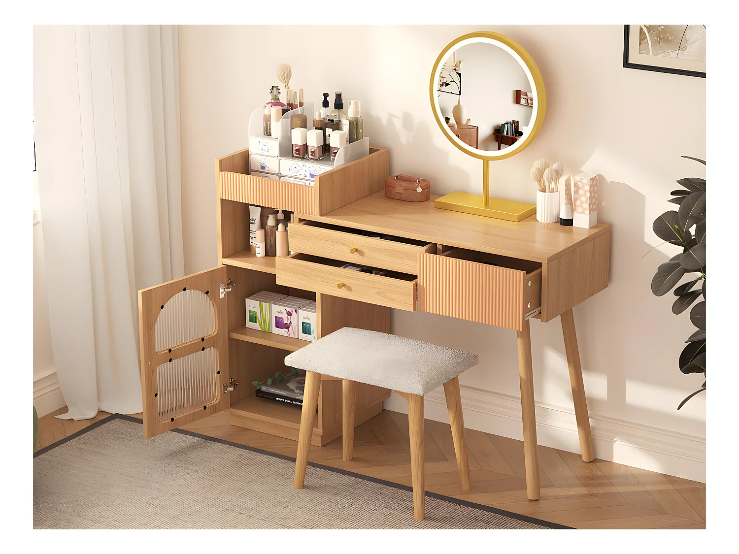 Coiffeuse avec miroir et éclairage LED - 3 tiroirs et une armoire latérale - Naturel (tabouret non inclus)