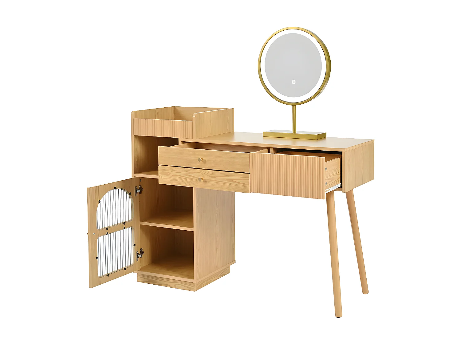 Coiffeuse avec miroir et éclairage LED - 3 tiroirs et une armoire latérale - Naturel (tabouret non inclus)