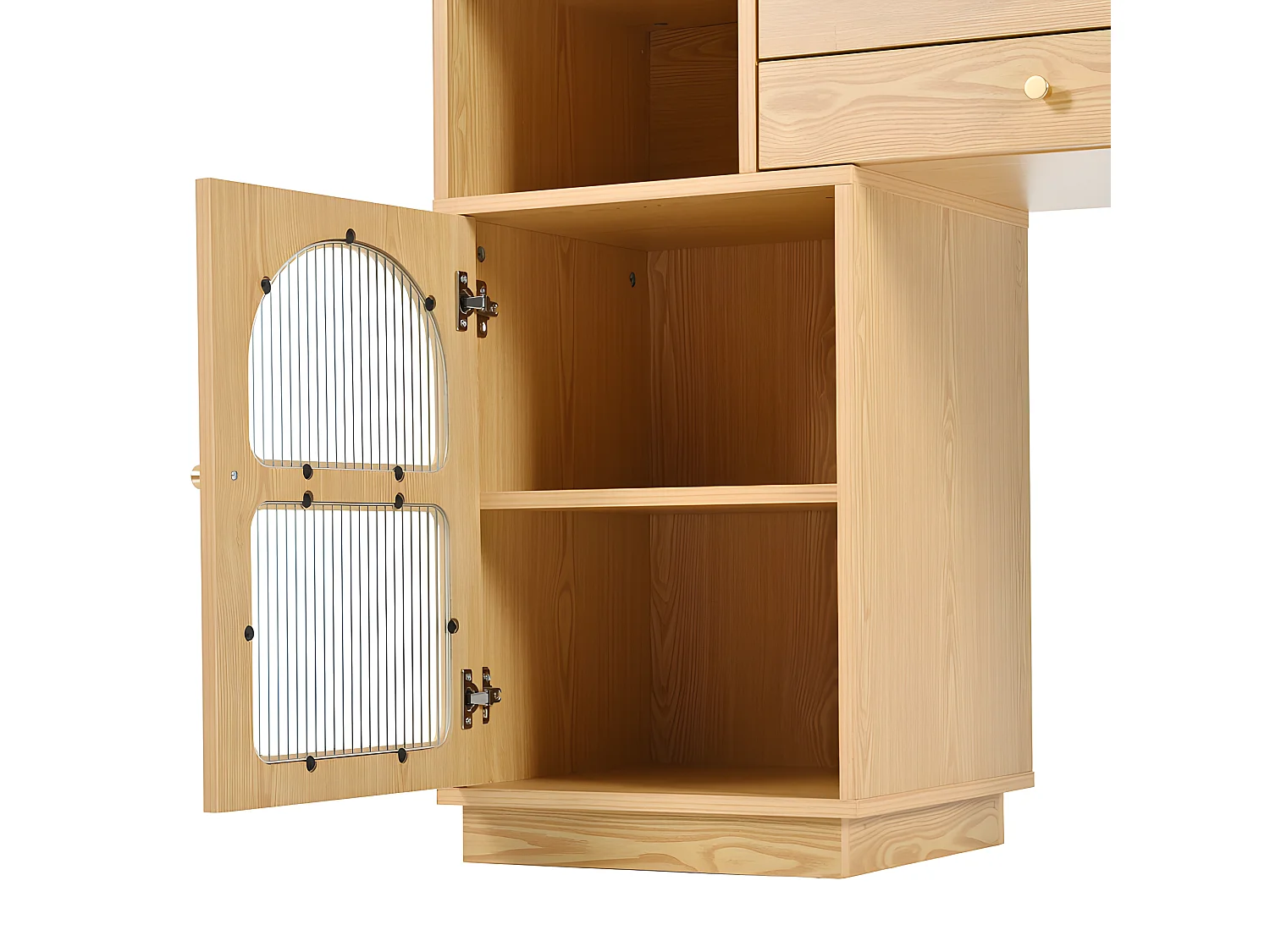 Coiffeuse avec miroir et éclairage LED - 3 tiroirs et une armoire latérale - Naturel (tabouret non inclus)
