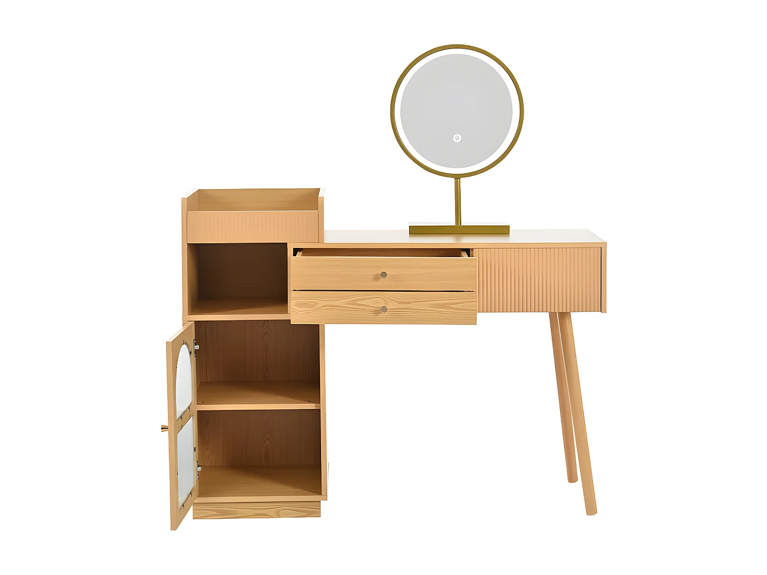 Coiffeuse avec miroir et éclairage LED - 3 tiroirs et une armoire latérale - Naturel (tabouret non inclus)