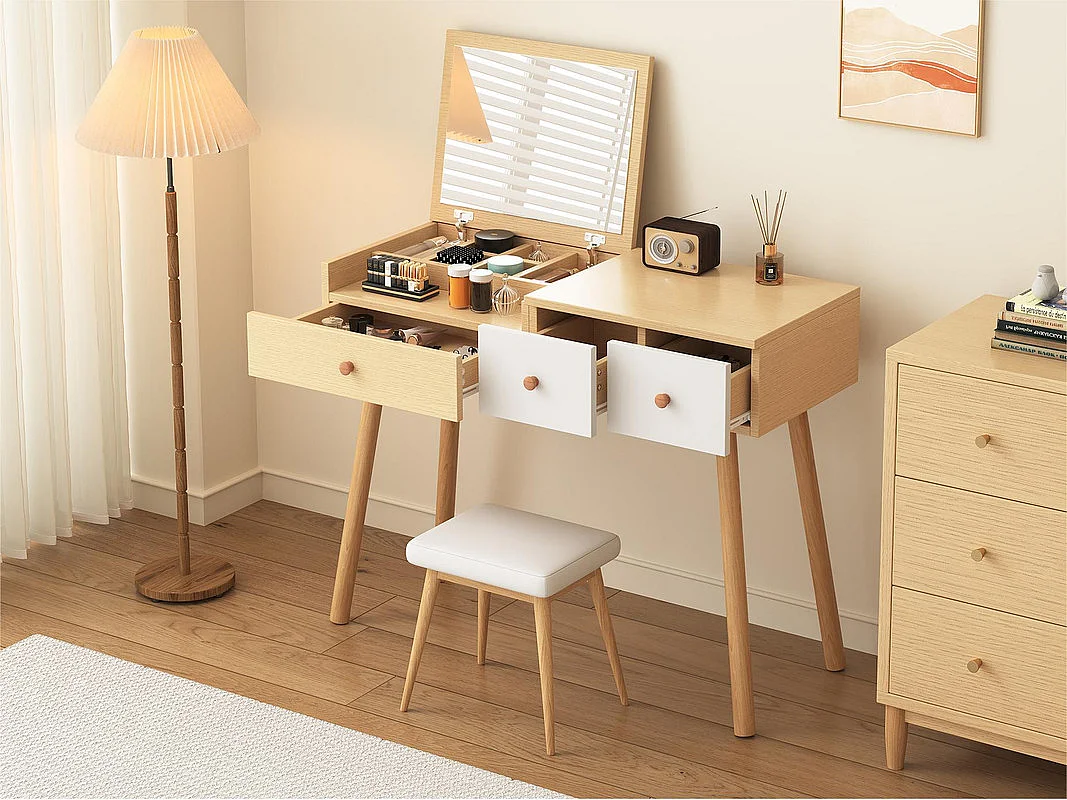 Schminktisch mit Aufbewahrungsspiegel, 3 Schubladen, mehreren Aufbewahrungsfächern, großer Stauraum – Natur (Hocker nicht im Lieferumfang enthalten)