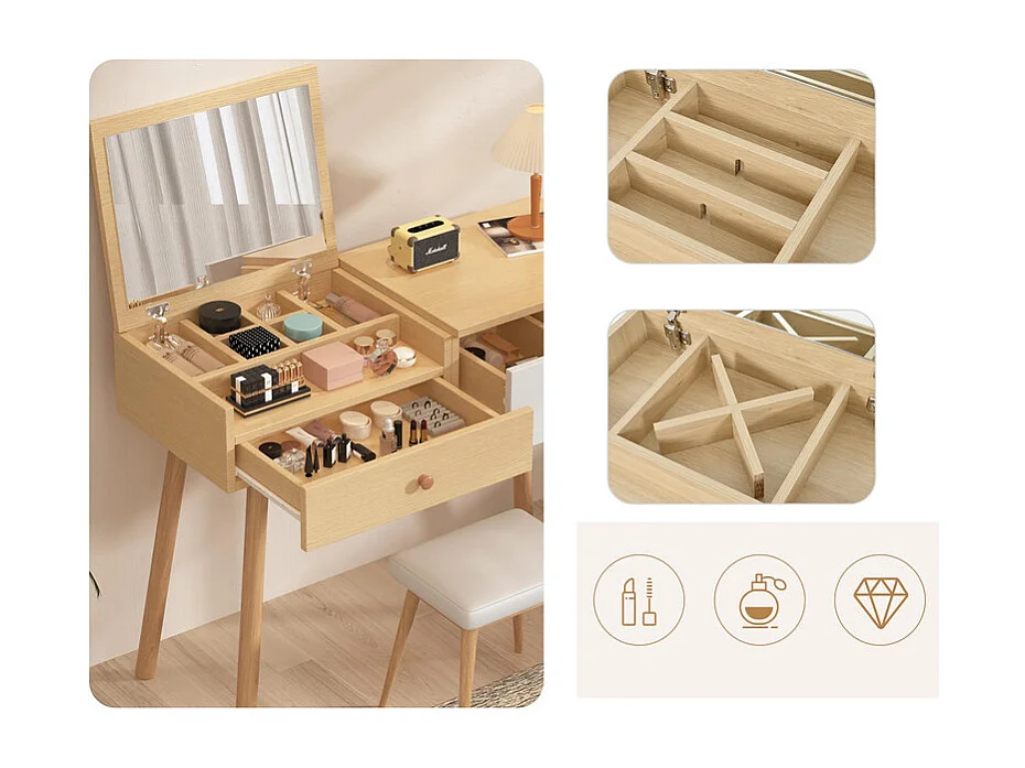 Schminktisch mit Aufbewahrungsspiegel, 3 Schubladen, mehreren Aufbewahrungsfächern, großer Stauraum – Natur (Hocker nicht im Lieferumfang enthalten)