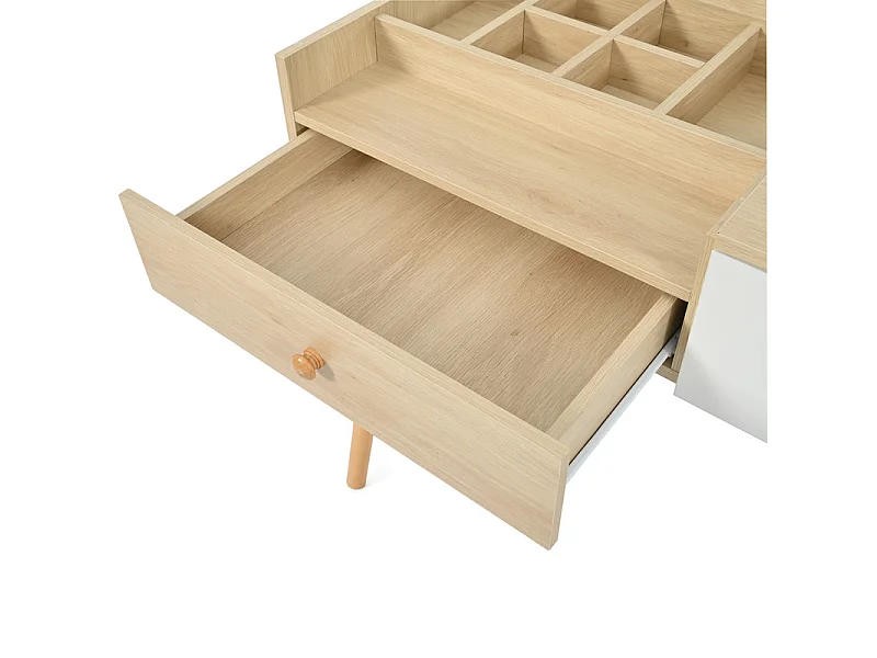 Schminktisch mit Aufbewahrungsspiegel, 3 Schubladen, mehreren Aufbewahrungsfächern, großer Stauraum – Natur (Hocker nicht im Lieferumfang enthalten)