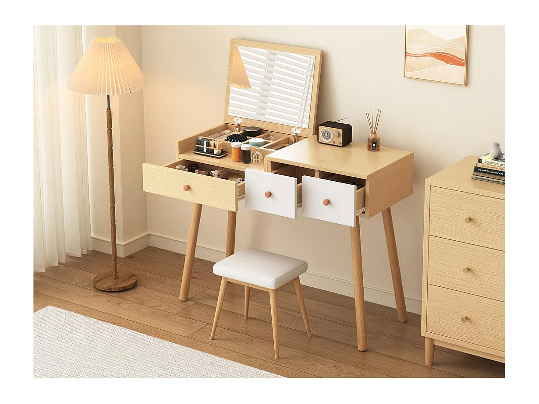 Coiffeuse avec miroir de rangement, 3 tiroirs, multiples compartiments de rangement, grande capacité de rangement - Naturel (tabouret non inclus)