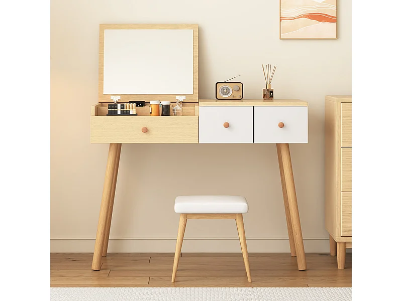 Schminktisch mit Aufbewahrungsspiegel, 3 Schubladen, mehreren Aufbewahrungsfächern, großer Stauraum – Natur (Hocker nicht im Lieferumfang enthalten)