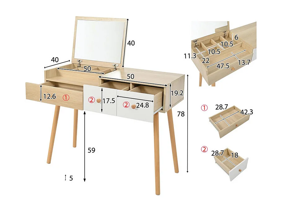 Schminktisch mit Aufbewahrungsspiegel, 3 Schubladen, mehreren Aufbewahrungsfächern, großer Stauraum – Natur (Hocker nicht im Lieferumfang enthalten)