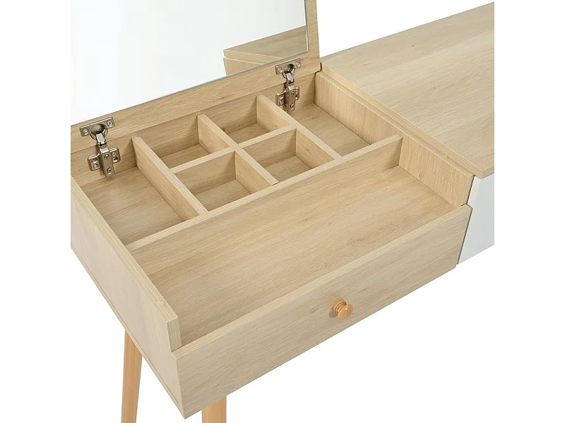 Schminktisch mit Aufbewahrungsspiegel, 3 Schubladen, mehreren Aufbewahrungsfächern, großer Stauraum – Natur (Hocker nicht im Lieferumfang enthalten)