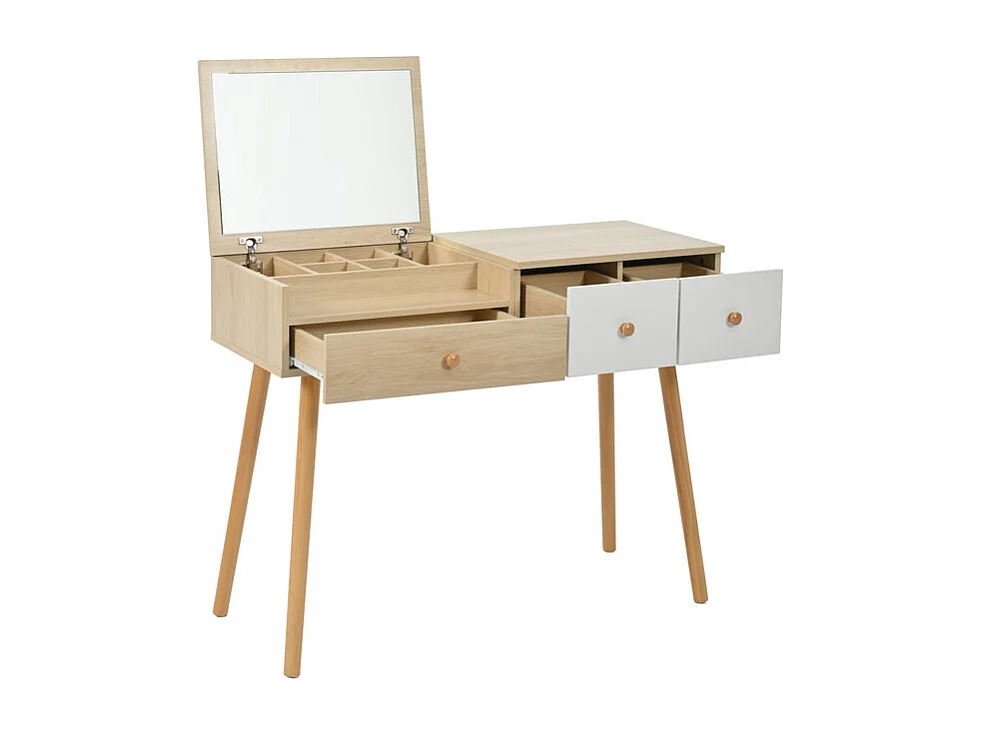 Schminktisch mit Aufbewahrungsspiegel, 3 Schubladen, mehreren Aufbewahrungsfächern, großer Stauraum – Natur (Hocker nicht im Lieferumfang enthalten)