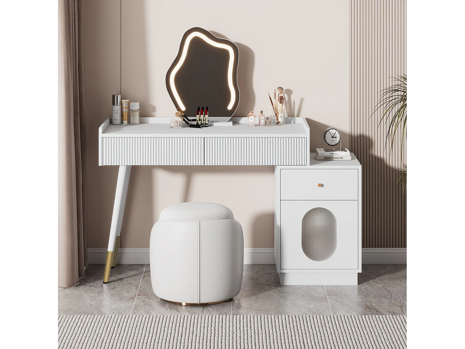 Coiffeuse avec miroir et éclairage LED - 2 tiroirs et une armoire amovible - Blanc (tabouret non inclus)