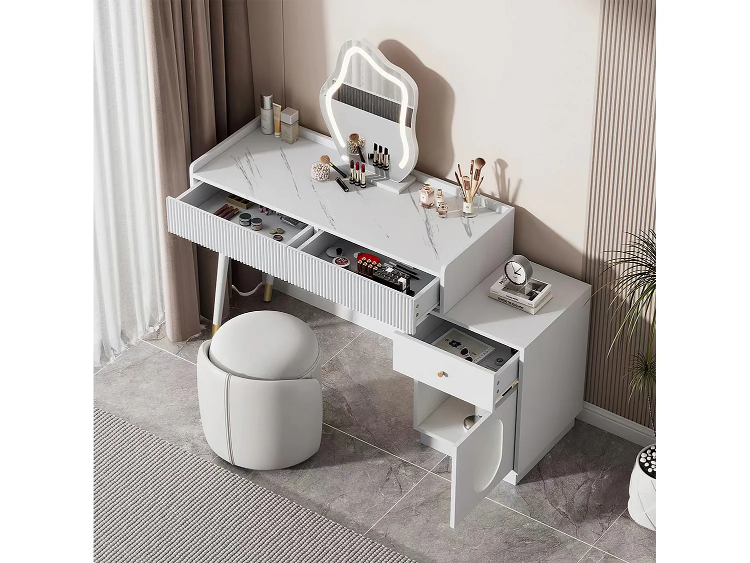 Coiffeuse avec miroir et éclairage LED - 2 tiroirs et une armoire amovible - Blanc (tabouret non inclus)