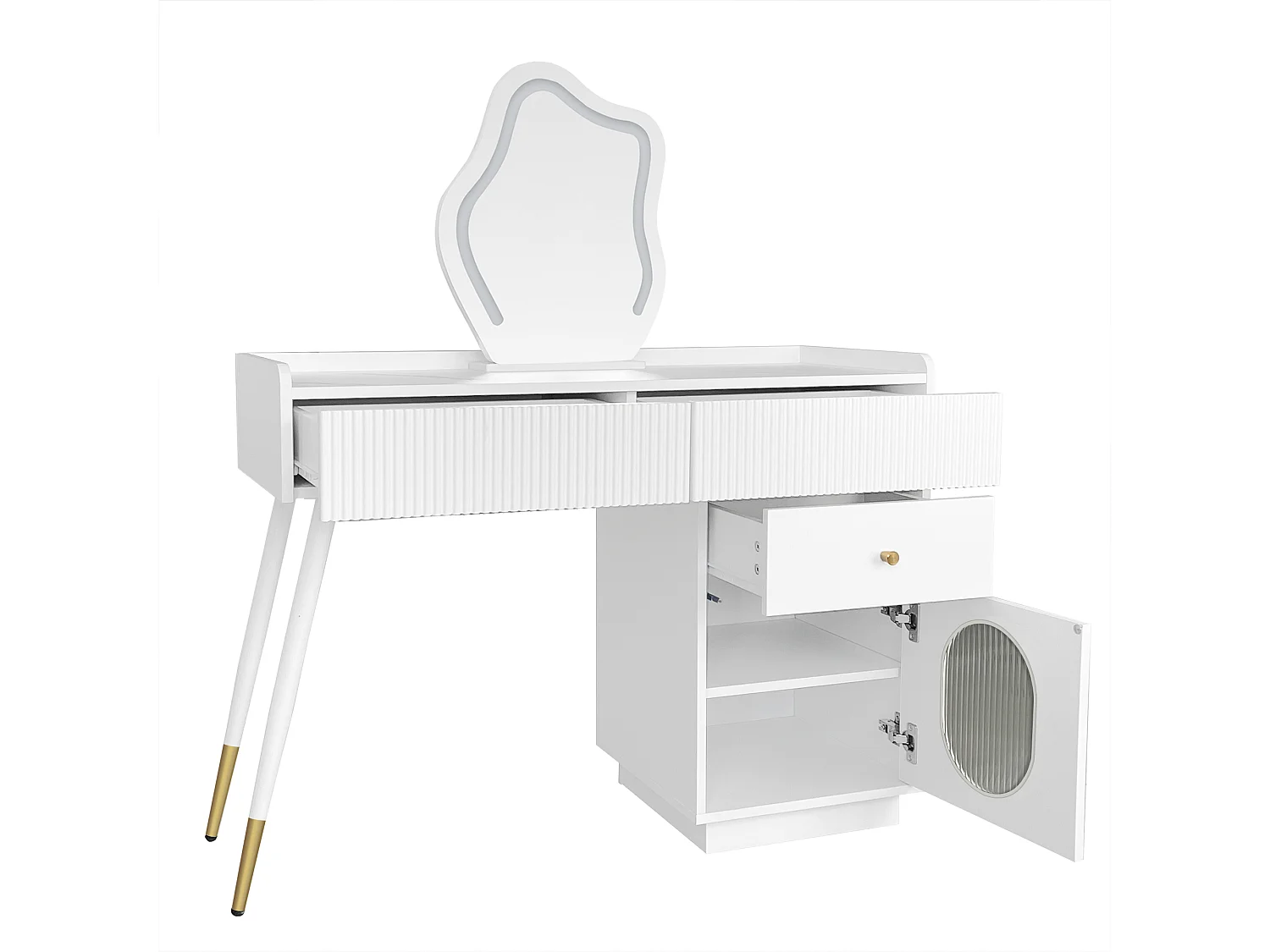 Coiffeuse avec miroir et éclairage LED - 2 tiroirs et une armoire amovible - Blanc (tabouret non inclus)