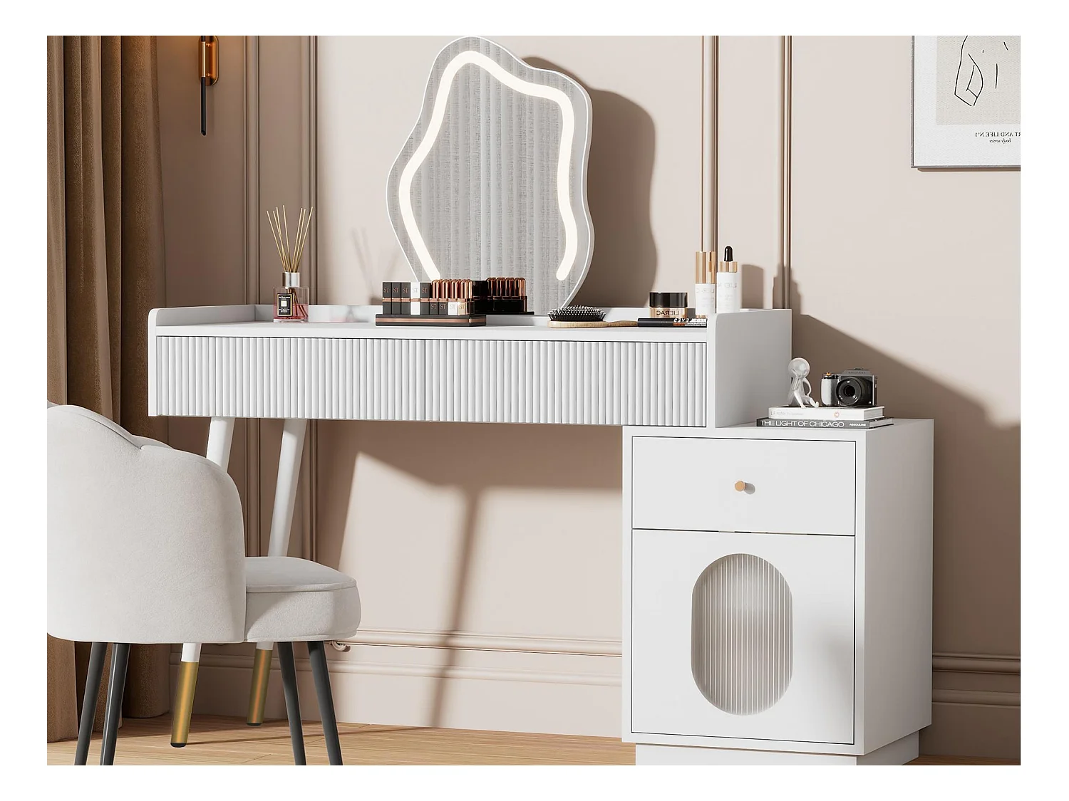 Coiffeuse avec miroir et éclairage LED - 2 tiroirs et une armoire amovible - Blanc (tabouret non inclus)