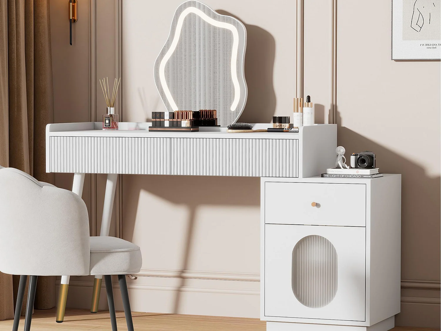 Schminktisch mit Spiegel und LED-Beleuchtung – 2 Schubladen und ein abnehmbarer Schrank – Weiß (Hocker nicht im Lieferumfang enthalten)